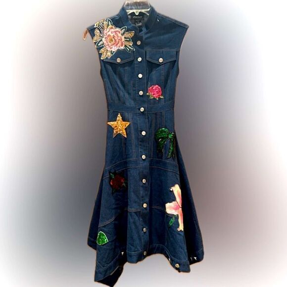 Ashro sleeveless Dress denim look faux patch pockets buttondown sequin stretch 8 - Picture 4 of 17